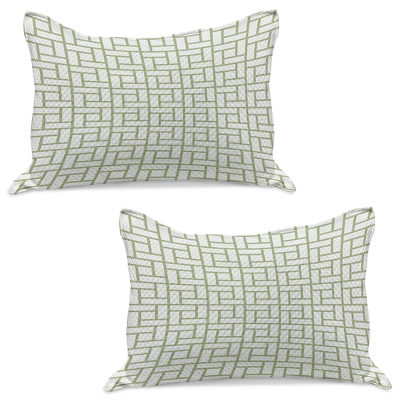 Green Knitted Quilt Pillowcover Set of 2, Maze Shaped Squares Rectangulars Geometrical Lines Modern Image Print, Standard Queen Pillow Sham Bedroom, 30" x 20", Pistachio Green White, by Ambesonne
