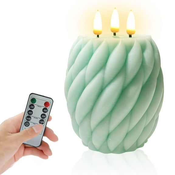 Green Knot Ball Flickering Flameless Candles, Real Wax LED Candles with Remote and Timer, 4.8 Inch Battery Operated Spiral Pillar Candles for Room Decor Home Wedding Decoration