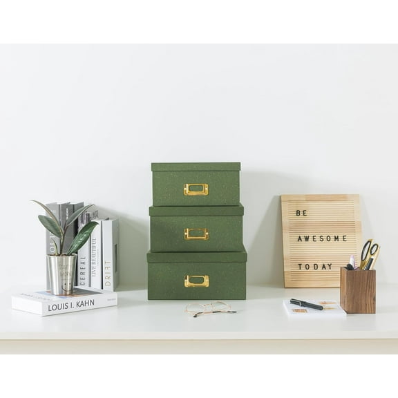 Green Kraft Paper Boxes for Storage - Set of 3 Square Stacking Boxes with Lids and Gold Label Holders