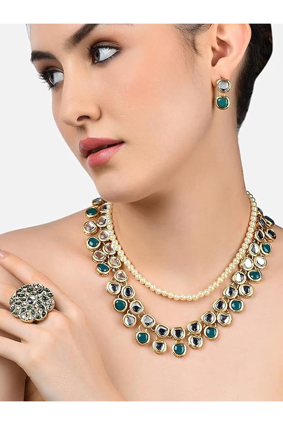 Green Kundan Multi Layers Necklace Earring & Ring Set For Women