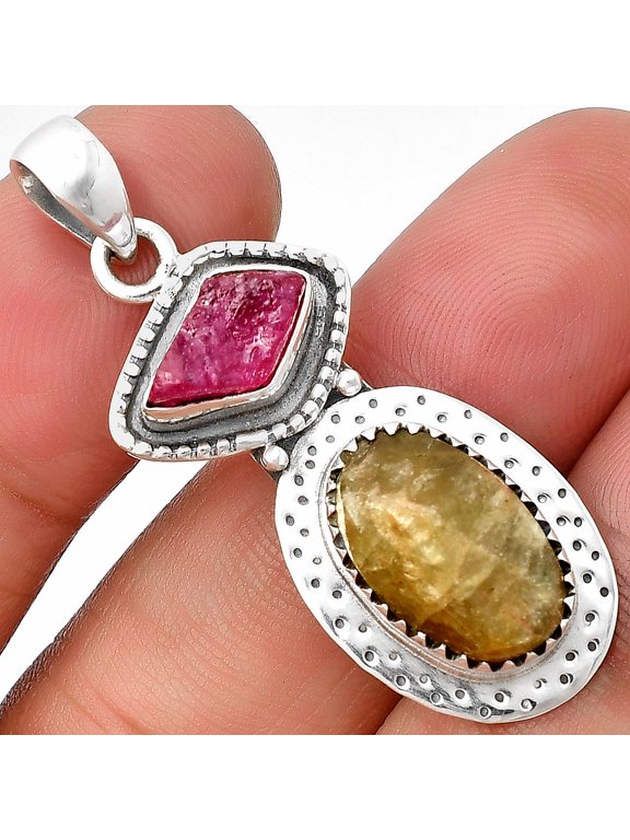 Green Kyanite Rough & Pink Tourmaline Rough 925 Silver Pendant Jewelry P-1447 SDP136529