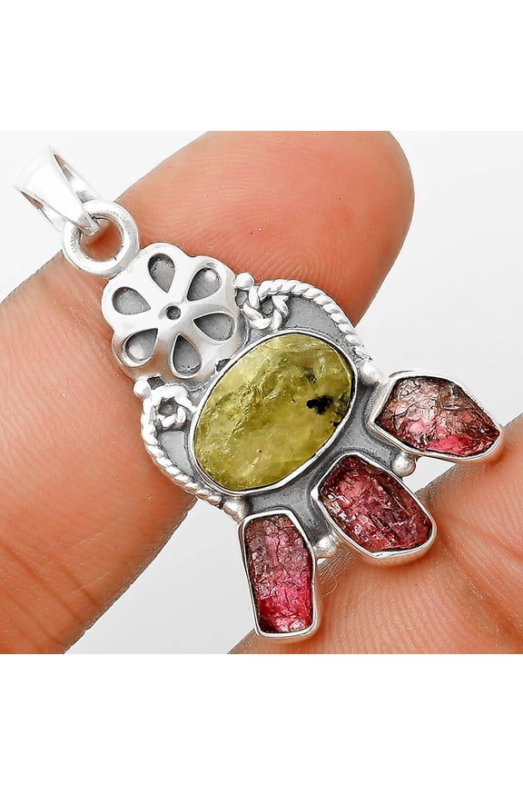 Green Kyanite Rough & Pink Tourmaline Rough 925 Silver Pendant Jewelry P-1570 SDP135916