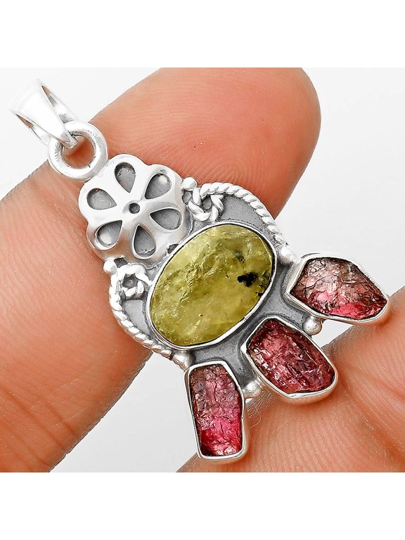 Green Kyanite Rough & Pink Tourmaline Rough 925 Silver Pendant Jewelry P-1570 SDP135916