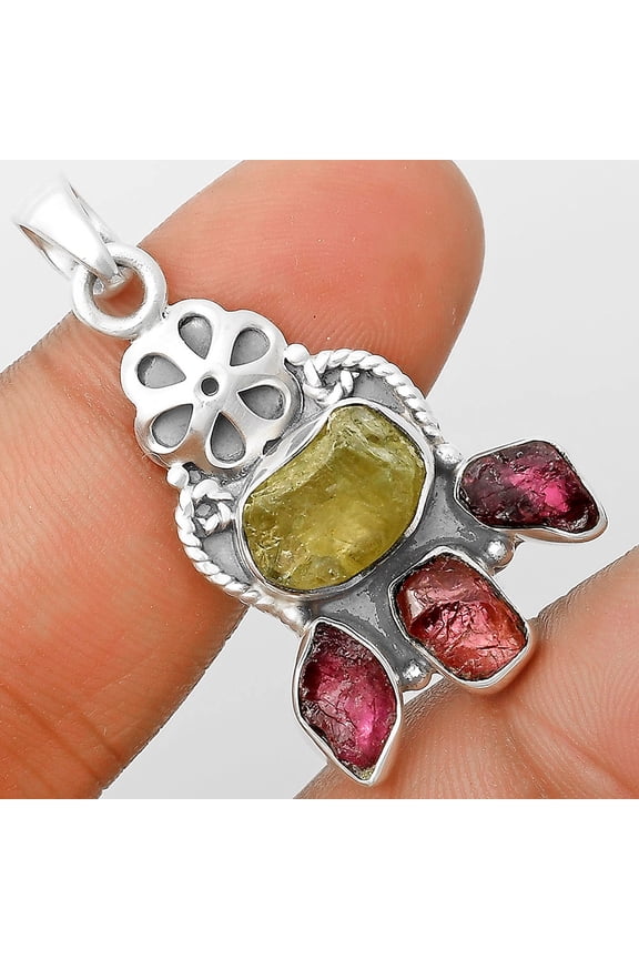 Green Kyanite Rough & Pink Tourmaline Rough 925 Silver Pendant Jewelry P-1570 SDP135917