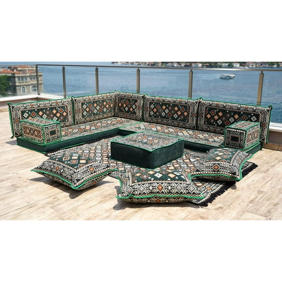 Green L Shaped Corner Sofa, Floor Lounger, Couch Bed, Floor Cushions Sofa, Arabic Majlis Seating Set, Turkish Sofa, Modular Sofa, Sofa Bed