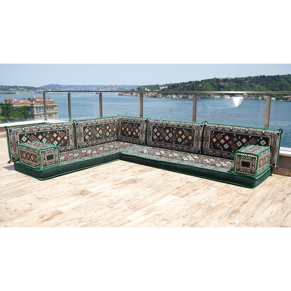 Green L Shaped Corner Sofa, Floor Lounger, Couch Bed, Floor Cushions Sofa, Arabic Majlis Seating Set, Turkish Sofa, Modular Sofa, Sofa Bed