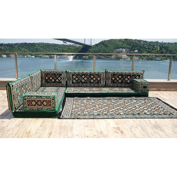 Green L Shaped Corner Sofa, Floor Lounger, Couch Bed, Floor Cushions Sofa, Arabic Majlis Seating Set, Turkish Sofa, Modular Sofa, Sofa Bed