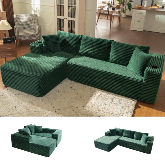 Green L-Shaped Sectional Sofa with Chaise and Cup Holders