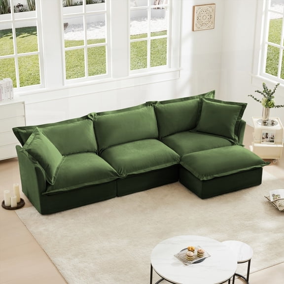 Green L-Shaped Slipcovered Sectional Sofa, Sturdy Wood Frame & Removable Sofa Covers, Offers Unparalleled Comfort