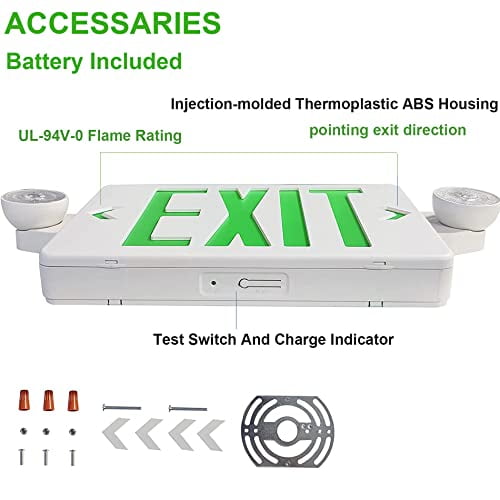 Green LED Emergency Exit Signs, Two Adjustable Head, AC 120V/277V ...