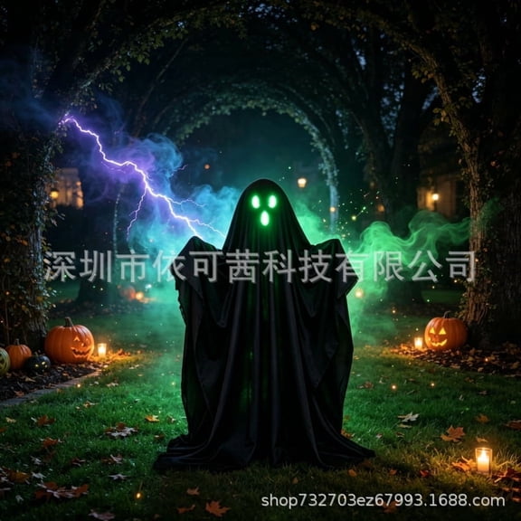 Green LED Glowing Black Standing Ghost Decor, Freestanding Phantom Yard Ornament, Spooky Light Up Ghost Statue For Lawn Porch Halloween Holiday Celebrations (Black)