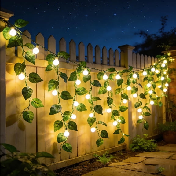 Green LED Solar String Lights with Foliage for Outdoor Decor, Waterproof, No Installation Required, Perfect for Courtyards and Gardens Green