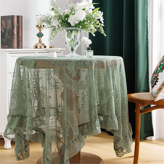 Green Lace Square Tablecloth with Flowers, Chic Elegant Overlay Ruffles Table Cloth, French Vintage Embroidered Table Cover Table Protector for Wedding Party Banquet, 55x55inch