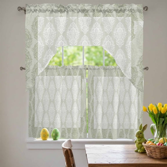 Green Lace Swag Curtains Valance & Tier Set, Vintage Geometric Abstract Art Luxury 3 Pcs Set Kitchen Swag Valances and Tiers 36 Inch Length Rod Pocket Curtain Drapes for Bedroom