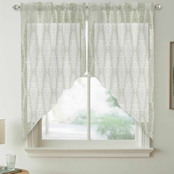 Green Lace Swag Kitchen Curtain Valances, Vintage Geometric Abstract Art Luxury Rod Pocket Curtains Window Treatment Decor Valances for Bedroom Bathroom, 2 Panels 28 x 36 Inch