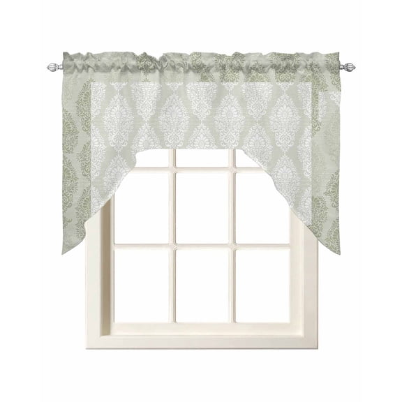 Green Lace Swag Valance for Window, Vintage Geometric Abstract Art Luxury Light Filtering Swag Curtain Rod Pocket Kitchen Curtain Valance for Bedroom
