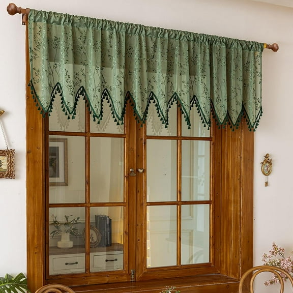Green Lace Triangle Sheer Valance Curtains for Windows Kitchen Living Room Bathroom Bedroom Leaf Embroidered Voile Sheer Rod Pocket Short Window Valance Curtains with Tassels(Green,55"x24")