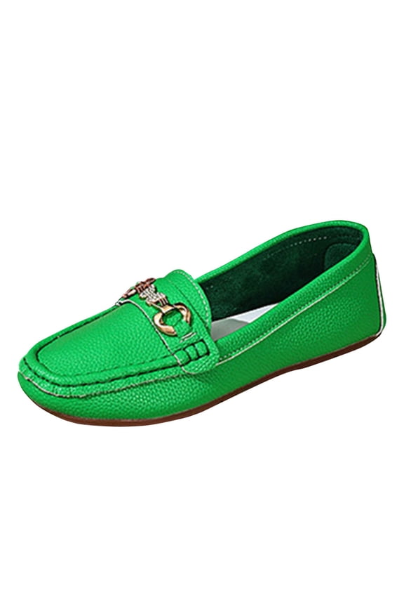 Green Women'S Casual Loafers Slip-On Comfortable Low-Top Round Toe Metal Rhinestone Chain Decor Indoor Outdoor Everyday Footwear Pu Size 36 Eu 0.54 Lbs
