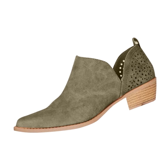 Green Ladies' Comfortable Low Heel Boots With Natural Hue And Hollow Detail, Perfect For Autumn
