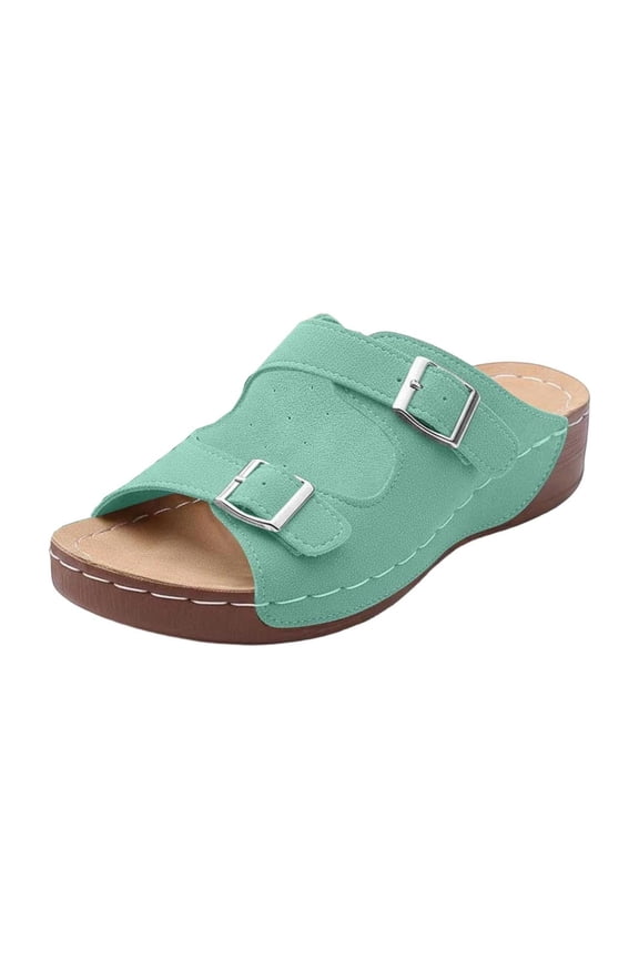 Green Ladies Comfy Open Toe Wedge Sandals Flocked Material Mule Style 2026 Summer Platform Slides