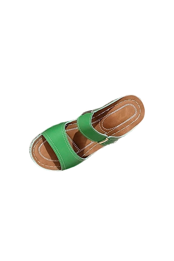 Green Ladies Fashion Peep Toe Wedge Slides Roomy Fit Cushioned Platform Sole For Daily