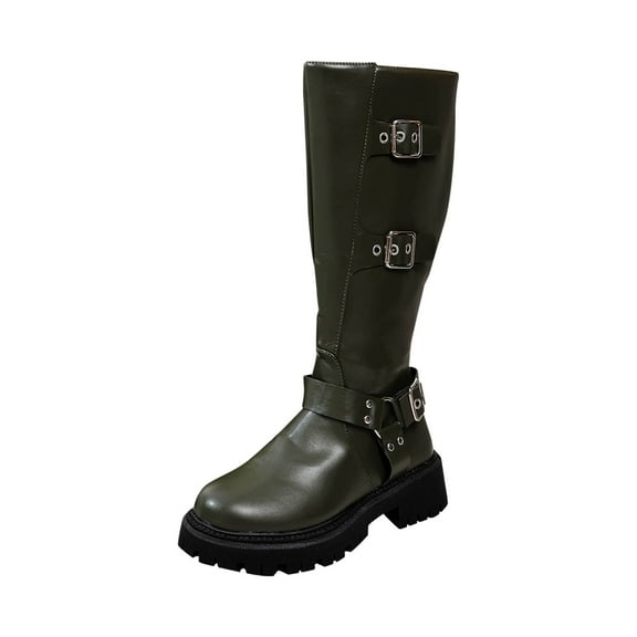 Green Ladies Knee-High Boots With Round Toe Side Zipper Thick Bottom And Low Heel Ideal For Winter Style Practical For Various Occasions