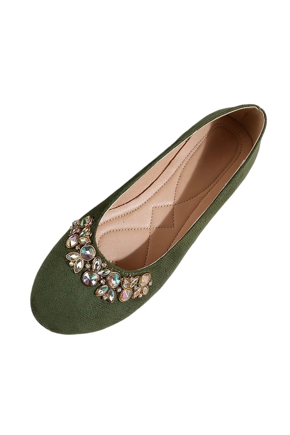 Green Ladies Pearl Rhinestone Flats Shallow Toe Closed Heel Slip On Comfort 2026 Versatile Trendy Wear
