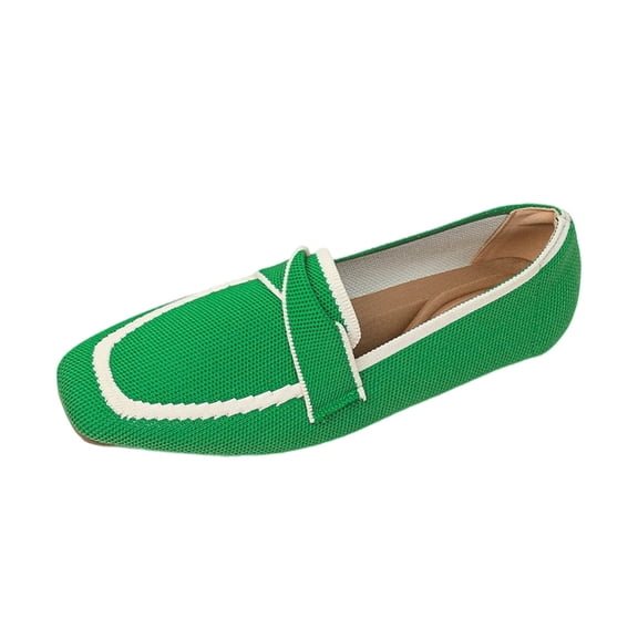 Green Ladies Slip On Woven Flats Square Toe Lightweight Comfortable For Walking Everyday Casual Wear