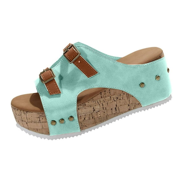 Green Ladies Versatile Buckle Strap Sandals Light Foam Bottom Style With Wedge Heel For Spring Summer Outdoor Use