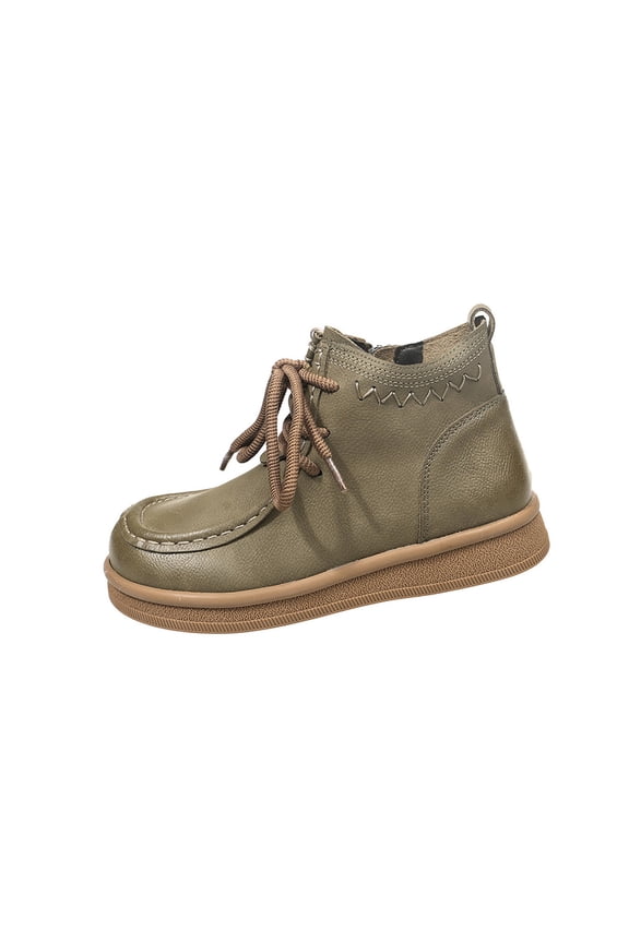 Green Ladies Winter Booties Round Toe Flat Lace Up Side Zip Pu Leather Casual Ankle Boots Comfort