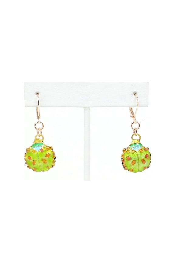 Green Ladybug Cloisonne Earrings