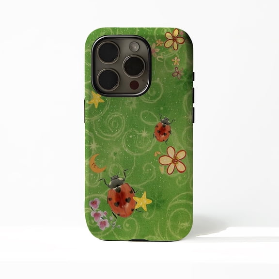 Green Ladybug Floral Tough Case for Apple iPhone, Dual-Layer Polycarbonate TPU Protective Phone Cover