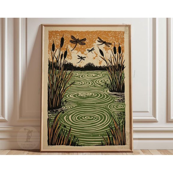 Green Lake Dragonfly Reed Ripple Linocut Wall Art Print, Unframed Paper Poster 8x10in