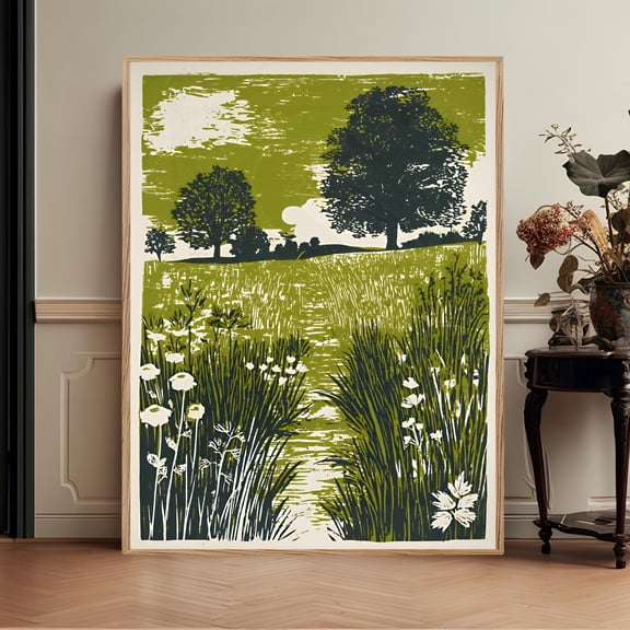 Green Landscape Wall Poster Folk Countryside Linocut Nature Decor Rustic Botanical Woodland Poster, Poster Only