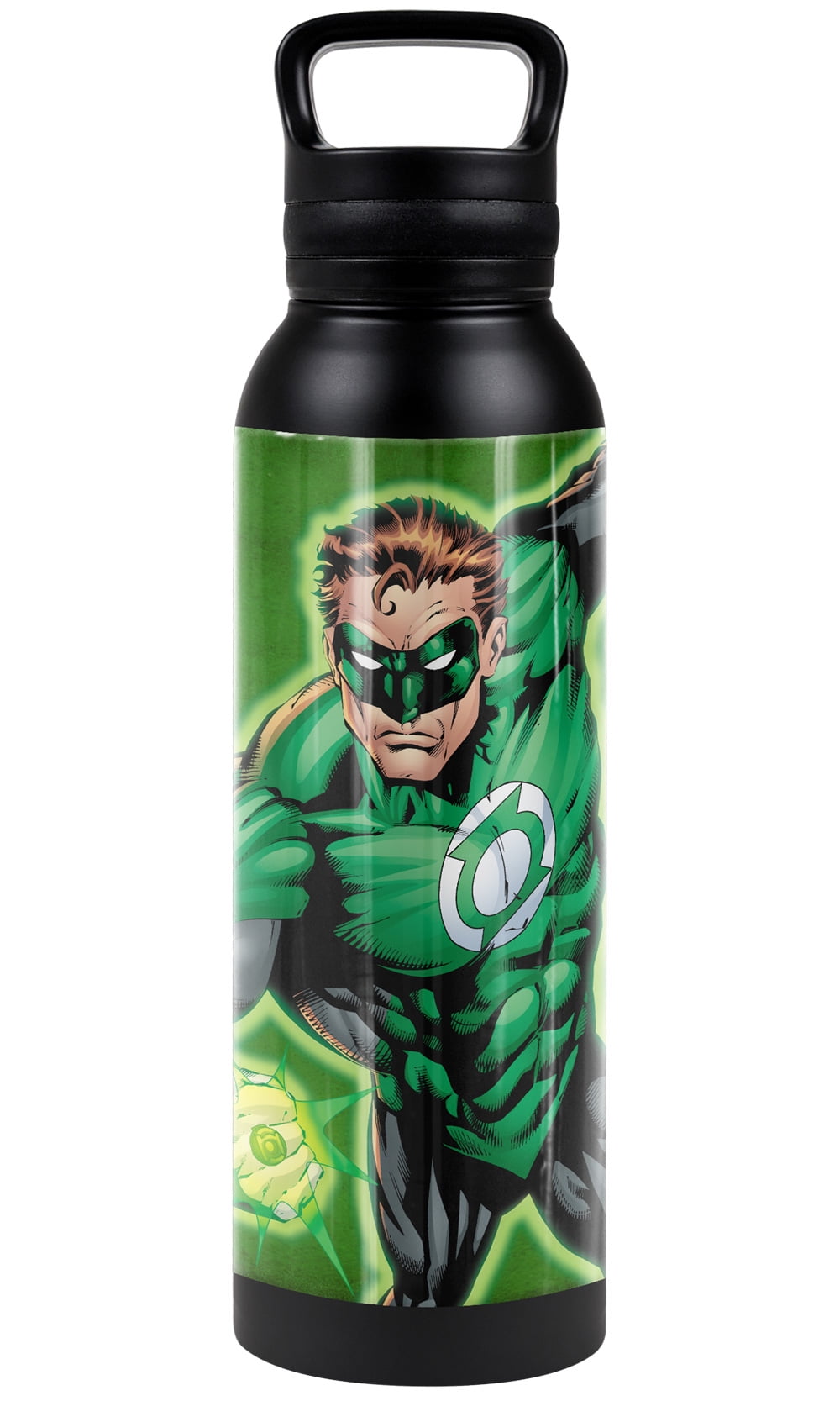 Green Lantern Official Green Lantern Character Pattern 24 oz Insulated Canteen Water Bottle, Leak Resistant, Vacuum Insulated Stainless Steel with Loop Cap, Black