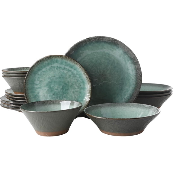 Green Lantern Service for 4 (16 Piece) Double Bowl Dinnerware Set, Teal, Soft Gray, Dinnerware Set