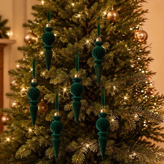 Green Large Christmas Ornaments 6 Pack 17cm Irregular Flocked Tree Hanging Decor, Holiday Party Supplies