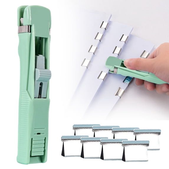Green Large Stapler Pusher with 8 Clips by Dusknt Portable Push Stapler with Reusable Clips Handheld Paper Clam Clip Dispenser 55 Sheet Capacity No Hole Punch Free Binding Tool