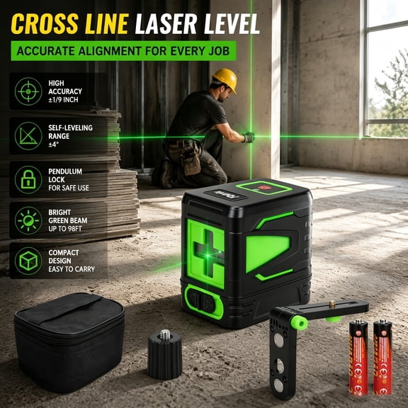 Green Laser Level, Self-Leveling Cross Line Laser with Magnetic Base, 2-Line Laser Level for Wall Installation and Alignment