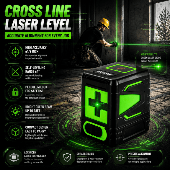 Green Laser Level, Self-Leveling Cross Line Laser with Magnetic Base, 2-Line Laser Level for Wall Installation and Alignment