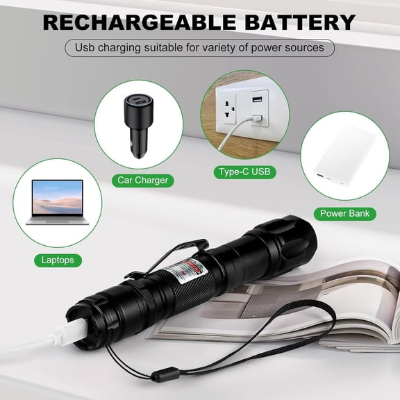 Green Laser Pointer, USB Rechargeable, Adjustable Focus