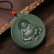 Green Laughing Buddha Pendant Necklace Lucky Amulet Jewelry Jade Style Buddhist Charm for Men Women Spiritual Gift Decor