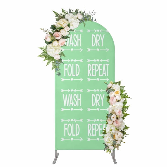 Green Laundry Arch Backdrop Cover 4FT, Wash Dry Fold Repeat Minimalist Text Spandex Fitted Stretchy Arch Stand Covers, Round Top Chiara Backdrop Cover for Wedding Party Birthday Baby Shower