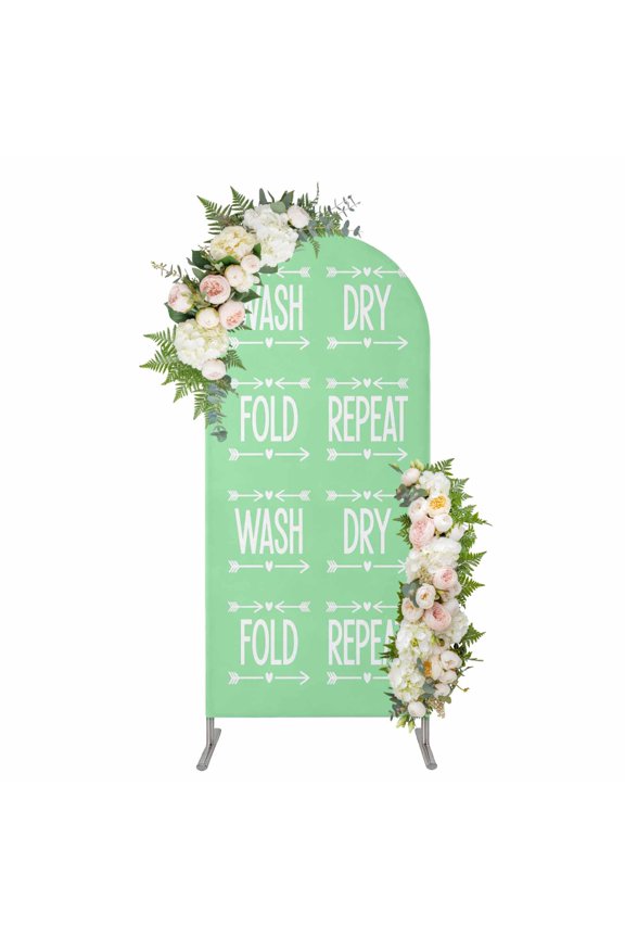 Green Laundry Arch Backdrop Cover 4FT, Wash Dry Fold Repeat Minimalist Text Spandex Fitted Stretchy Arch Stand Covers, Round Top Chiara Backdrop Cover for Wedding Party Birthday Baby Shower