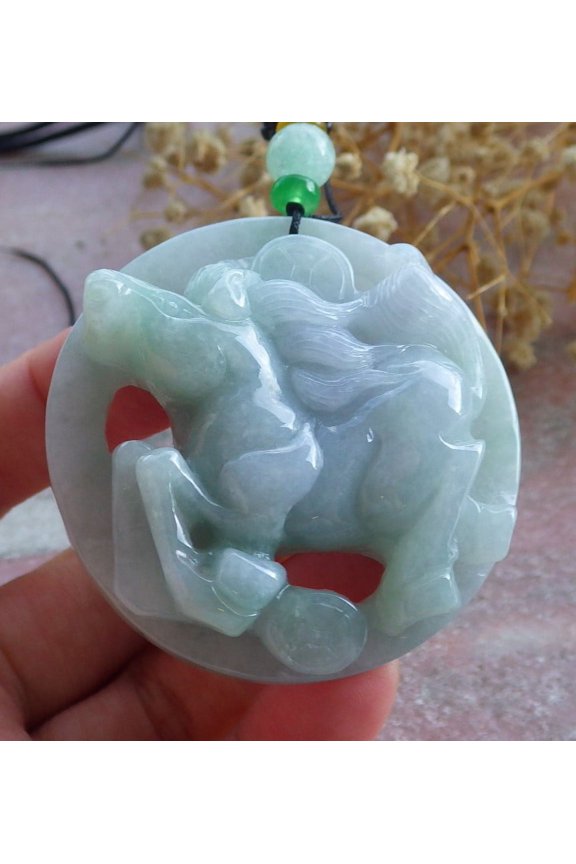Green Lavender Natural A Jade jadeite Pendant Horse Monkey Coin Necklace 678521 TN