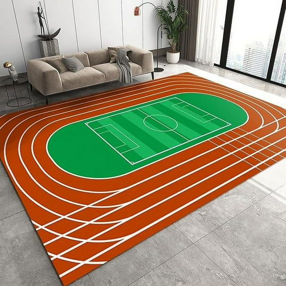 Green Lawn Sports Football Field Area Rug, Red Sports Running Track Large Rugs, Indoor Non-Slip Kids Rugs, Machine Washable Breathable Durable Carpet For Front Entrance Floor Decor 5 x 7ft