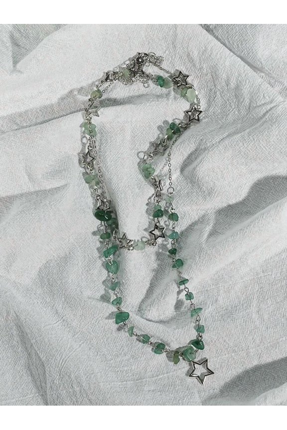 Green Layered Star Charm Necklace Set With Chip Gemstones And Silvertone