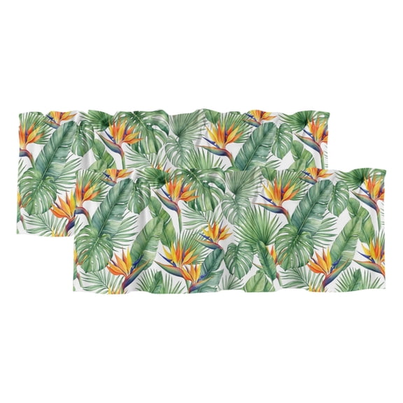 Green Leaf 2 Panels Kitchen Valance, Bright Bird of Paradise Flower Emerging from Lush Greenery Curtains Valances for Small Windows Rod Pocket Window Treatments for Living Room Bedroom 42"W x 12"L