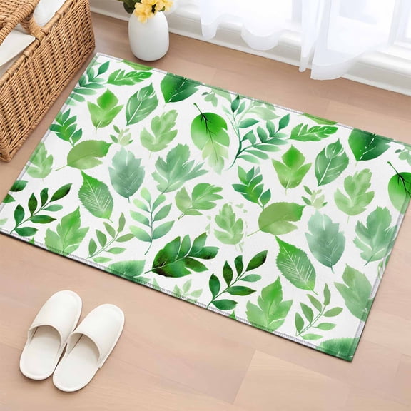 Green Leaf 2'x3' Rug for Entryway Front Door Kitchen Sink Area, Watercolors Leaf Spring Plant Gradient Abstract Low Pile Non Slip Rectangle Area Rug, Machine Washable Indoor Outdoor Mat