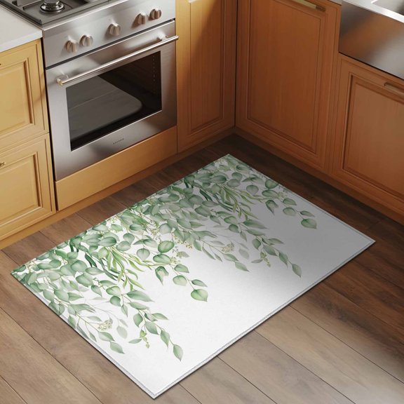 Green Leaf 2x3 Rug for Entryway Front Door Kitchen Sink Area, Eucalyptus Leaves Spring Plant Farm Abstract Low Pile Washable Non Slip Rectangle Area Rug